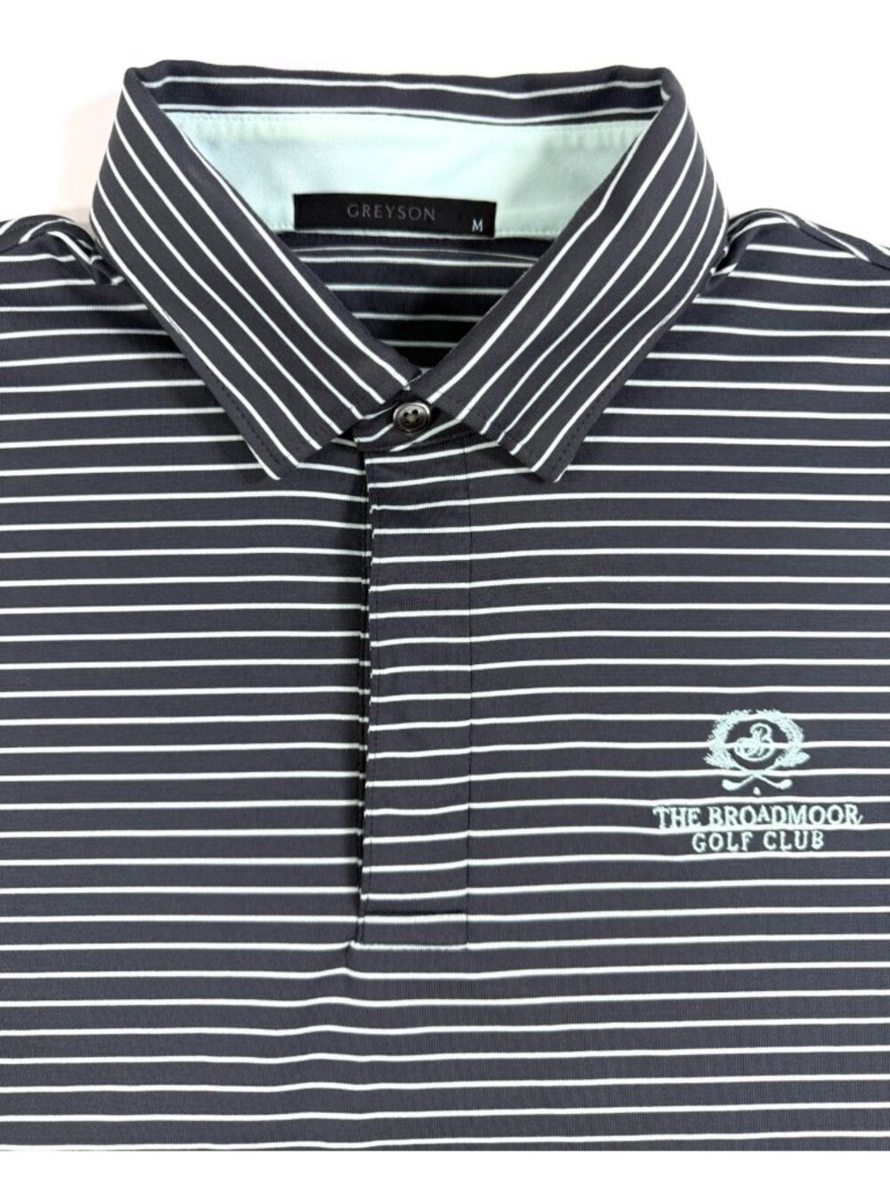 Greyson Mens Polo Shirt Broadmoor Golf Club Colorado Size Medium Gray Striped